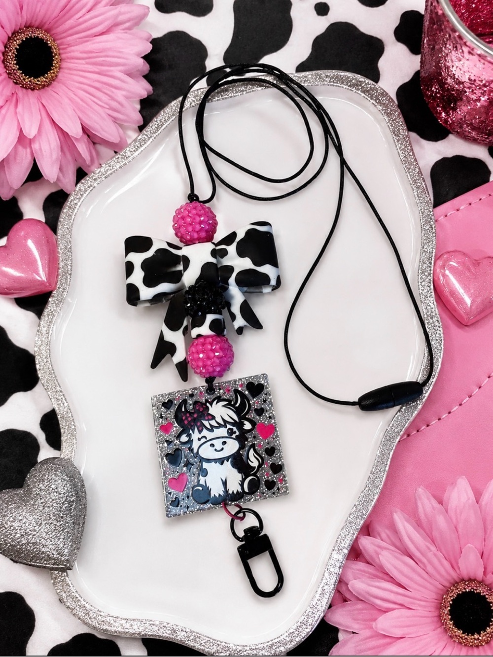 Hand Crafted Cow-Print Bow Lanyard with Pink Beads